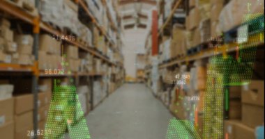 Depodaki veri işleme görüntüsü. Alışveriş, teknoloji ve dijital arayüz kavramı dijital olarak oluşturuldu.