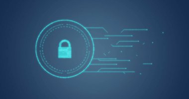 Mavi arkaplanda ağ ve asma kilit simgesini gösteren arayüz resmi. Ağ, bağlantı, veri, güvenlik, dijital arayüz ve iletişim, dijital olarak oluşturulmuş resim.