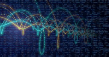 Siyah arkaplan üzerinde dijital veri işleme resmi. Dijital olarak oluşturulmuş küresel bağlantılar, hesaplama ve veri işleme kavramı.