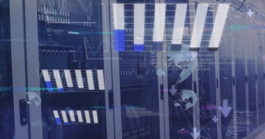 Bilgisayar sunucuları üzerinde istatistik ve veri işleme resmi. Küresel finans, iş, bağlantılar, hesaplama ve veri işleme kavramı dijital olarak oluşturuldu.