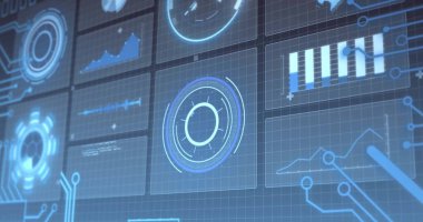 Mavi arkaplan üzerindeki ekranlarda dijital veri işleme ve tarama görüntüsü. Dijital olarak oluşturulmuş küresel bağlantılar, hesaplama ve veri işleme kavramı.