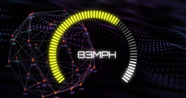 Veri işleme ve bağlantı ağının üzerinde hareket eden hız göstergesinin resmi. Teknoloji ve dijital arayüz kavramı dijital olarak oluşturuldu.