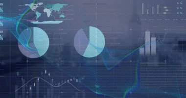 Veri işleme ve şehir manzarası istatistikleri. Dijital olarak oluşturulmuş küresel bağlantılar, hesaplama ve veri işleme kavramı.
