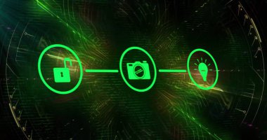 Karanlık arkaplan üzerindeki simgelerle bağlantı ağının resmi. Dijital olarak oluşturulmuş küresel bağlantılar, hesaplama ve veri işleme kavramı.