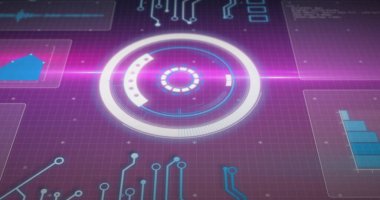 Mor arkaplandaki tarama ve veri işleme görüntüsü. Küresel teknoloji, bilgisayar ve dijital arayüz kavramı dijital olarak oluşturulmuş görüntü.