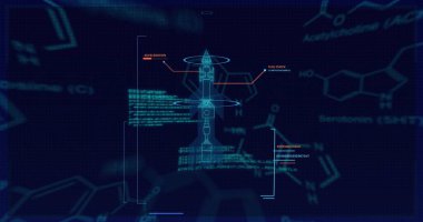 Image of chemical formula and data processing over rocket blueprint. Technology and digital interface concept digitally generated image. clipart