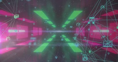 Simgeler ve veri işleme bağlantılarıyla bağlantı ağının resmi. Dijital olarak oluşturulmuş küresel bağlantılar, hesaplama ve veri işleme kavramı.