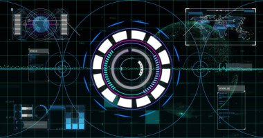 Dünya ve dünya haritasında veri işleme ve tarama görüntüsü. Teknoloji ve dijital arayüz kavramı dijital olarak oluşturuldu.