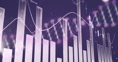 Mor zemin üzerinde dalgalanan çubuklar ve çizgiler olan finansal tablo animasyonu. Finans, yatırım, ekonomi, veri, analitik, büyüme
