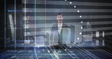 Finansal büyüme grafikleri ve veri işleme animasyon örtüsü olan bir iş kadını. Analizler, finans, veri görselleştirme, yatırım, teknoloji, şirket