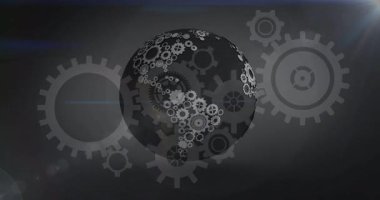 Dişlileri ve dişlileri karanlık küresel arkaplanda döndürerek. Mekanizma, makine, mühendislik, teknoloji, hareket, sanayi