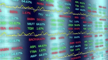 Dalgalanan grafikler ve yüzdeler dijital ekran animasyonunda borsa verilerini gösteriyor. finans, ticaret, yatırım, analitik, ekonomi, istatistik