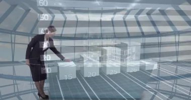 Yükselen çubuk grafiğini kırmızı okla analiz ediyorum. Gelecekteki ofis animasyonundaki iş kadını. büyüme, analitik, sanal gerçeklik, teknoloji, finans, yenilik