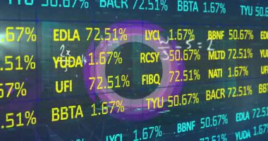 Dijital dünya haritası animasyonu üzerinde dalgalanan yüzdelere sahip borsa verileri. Finans, ekonomi, küresel, analitik, yatırım, iş