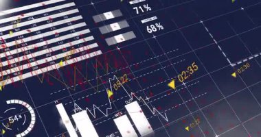 Finansal grafiklerin animasyonu ve dünya haritası koyu arkaplanda. Finans, ekonomi, veri, analitik, küresel, dijital