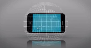 Tablet, iş adamını dijital dünya animasyonuyla çevreleyen bulutların üzerinde yürürken gösteriyor. Teknoloji, yenilik, küresel, geleceksel, bağlantı, bulut hesaplama