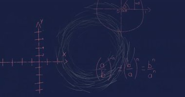 Koyu mavi arka planda, matematik denklemleri ve grafikleri animasyon tarzında. Matematik, soyut, bilim, teknoloji