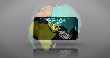 Renkli dünya arka planında dişli ve dişli animasyonlarını gösteren tablet. Teknoloji, yenilik, dijital, konsept