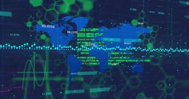 Altıgen kalıpların animasyonu dünya haritasını finansal verilerle örtüyor. Finans, küresel, analitik, yenilik, ağ, görselleştirme