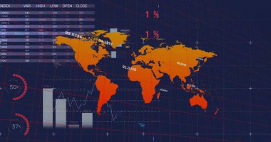 Dünya haritası, grafikler ve siyah arkaplan üzerindeki işlem verileri. Veri, dijital arayüz, bağlantı, işleme ve küresel iletişim, dijital olarak oluşturulmuş görüntü.