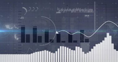 Finansal veri tabloları ve dünya haritasında dalgalanan çizgilere sahip grafikler. Maliye, veri analizi, istatistik, dalgalanmalar, ekonomi, küreselleşme