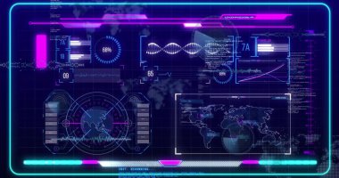 Koyu arkaplandaki ekranlarda DNA ipliği ve veri işleme resmi. Küresel bilim, bağlantılar, hesaplama ve veri işleme kavramı dijital olarak oluşturulmuş görüntü.