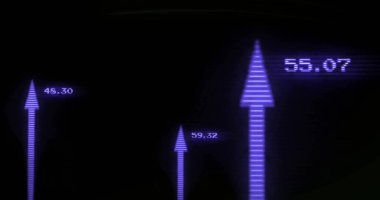 Mor oklar ve koyu arkaplanda sayısal veri resmi. technology, futuristic, digital, infographic, statistics, dynamic