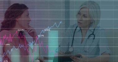 Kafkas kadın doktorunun hastasıyla konuşması üzerine diyagramlar ve borsa görüntüsü. Teknoloji, tıp ve dijital arayüz kavramı dijital olarak oluşturulmuş görüntü.