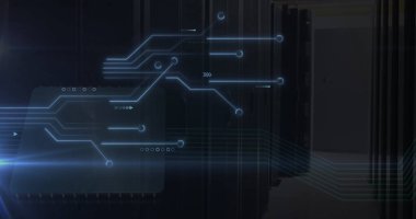 Bilgisayar sunucuları üzerinden bilgisayar devresi veri işleme resmi. Küresel finans, iş, bağlantılar, hesaplama ve veri işleme kavramı dijital olarak oluşturuldu.
