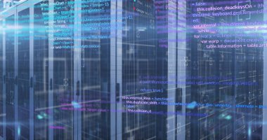 Bilgisayar sunucuları üzerinden dijital veri işleme resmi. Dijital olarak oluşturulmuş küresel bağlantılar, hesaplama ve veri işleme kavramı.