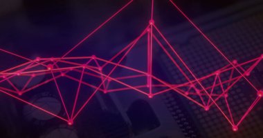 Elektronik devre kartı arkaplanı üzerinden kırmızı ağ bağlantıları. Teknoloji, bağlantı, devreler, dijital, elektronik, fütürist