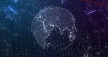 Veri işleme ve dünya üzerindeki bağlantı ağının resmi. Dijital olarak oluşturulmuş küresel bağlantılar, hesaplama ve veri işleme kavramı.