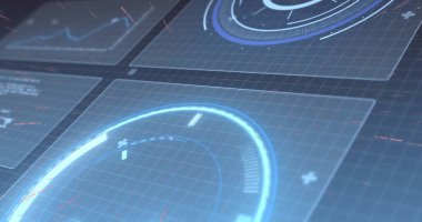 Ekranlarda tarama ve veri işleme alanı görüntüsü. Küresel finans, iş, bağlantılar, hesaplama ve veri işleme kavramı dijital olarak oluşturuldu.