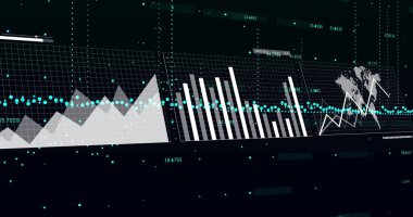 Siyah arka planda finansal veri işleme resmi. Küresel teknoloji, bilgisayar ve dijital arayüz kavramı dijital olarak oluşturulmuş görüntü.