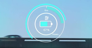 Hibrit elektrikli araç arayüzünde şarj ölçer görüntüsü. Ulaşım, enerji, güç, dijital arayüz ve bağlantı, dijital olarak oluşturulmuş görüntü.