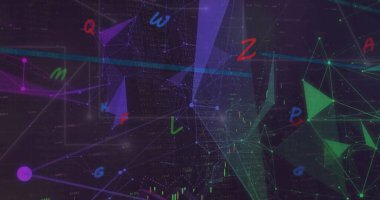 Koyu arkaplan üzerinde harf ve veri işleme resmi. Küresel finans, iş, bağlantılar, hesaplama ve veri işleme kavramı dijital olarak oluşturuldu.