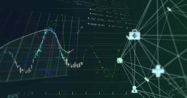 Siyah arkaplanda işlem gören tıbbi simgelerin oluşturduğu ağın resmi. Veri, bağlantı, sağlık, finans, dijital arayüz ve iletişim, dijital olarak oluşturulmuş görüntü.