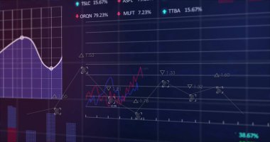 Siyah arkaplanda finansal veri işleme resmi. Dijital olarak oluşturulmuş küresel bağlantılar, hesaplama ve veri işleme kavramı.