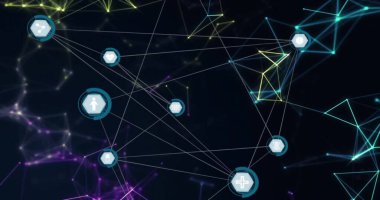 Siyah arkaplandaki simgelerle bağlantı ağının resmi. Küresel teknoloji, hesaplama, bağlantılar ve dijital arayüz konsepti dijital olarak oluşturuldu.