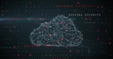 Kara arkaplanda bulut, asma kilit ve kalkan simgesi ve veri işleme görüntüsü. Küresel teknoloji, bilgisayar, çevrimiçi güvenlik ve dijital arayüz kavramı dijital olarak oluşturulmuş görüntü.