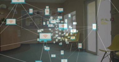 Bilgisayar ve akıllı telefon simgeleriyle bağlantı ağının resmi, okul üzerinden veri işleme. Küresel eğitim, bağlantılar, hesaplama ve veri işleme kavramı dijital olarak oluşturulmuş resim.