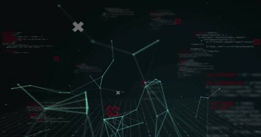 Veri işleme görüntüsü ve siyah arkaplanda beyaz şekiller. Teknoloji ve dijital arayüz kavramı dijital olarak oluşturuldu.