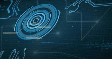 Koyu arkaplan üzerinde devre kartı ve veri işleme resmi. Küresel iş, bağlantılar, hesaplama ve veri işleme kavramı dijital olarak oluşturulmuş resim.