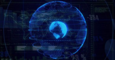 Veri noktaları ve çizgileri ile dönen dijital küre, küresel ağ görüntüsü. teknoloji, bağlantı, fütüristik, iletişim, siber alan, yenilik