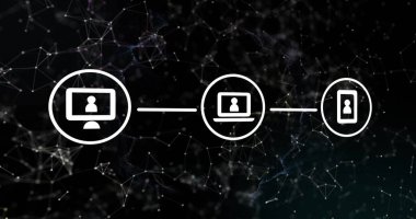 Siyah arkaplandaki simgelerle bağlantı ağının resmi. Küresel teknoloji, bağlantılar ve dijital arayüz konsepti dijital olarak oluşturuldu.