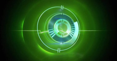 Siyah arkaplanda yeşil daireleri tarayan bir kamera görüntüsü. Küresel teknoloji, bilgisayar ve dijital arayüz kavramı dijital olarak oluşturulmuş görüntü.