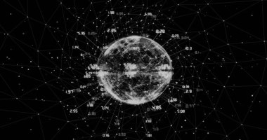 Beyaz noktalar üzerinde veri işleme ve küre görüntüsü. Teknoloji ve dijital arayüz kavramı dijital olarak oluşturuldu.