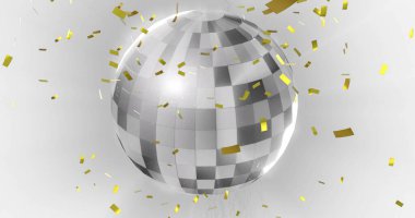 Düşen altın konfeti görüntüsü ile dönen disko topu. parti, kutlama, holografik, parıltı, cazibe, şenlik