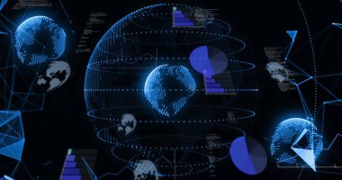 Veri işleme ve dünya üzerindeki bağlantı ağının resmi. Dijital olarak oluşturulmuş küresel bağlantılar, hesaplama ve veri işleme kavramı.