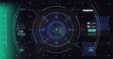 Siyah arkaplanda tarama alanındaki dijital veri işleme resmi. Dijital olarak oluşturulmuş küresel bağlantılar, hesaplama ve veri işleme kavramı.